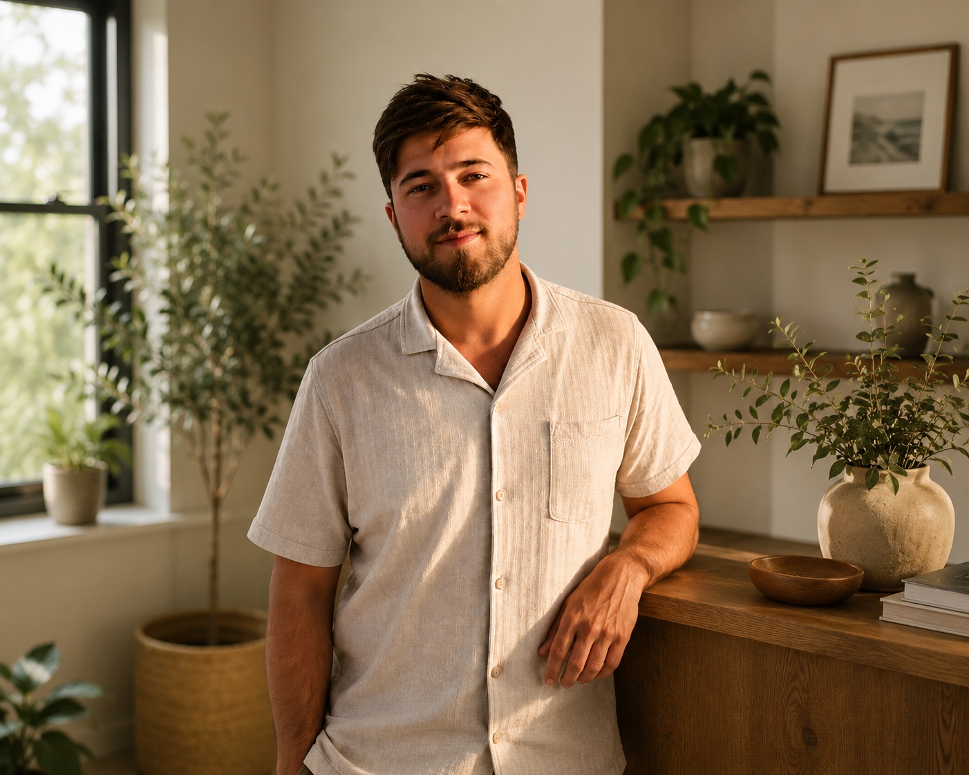 Lorenzo, founder of Well Kept, standing in a warm, plant-filled room in golden evening light