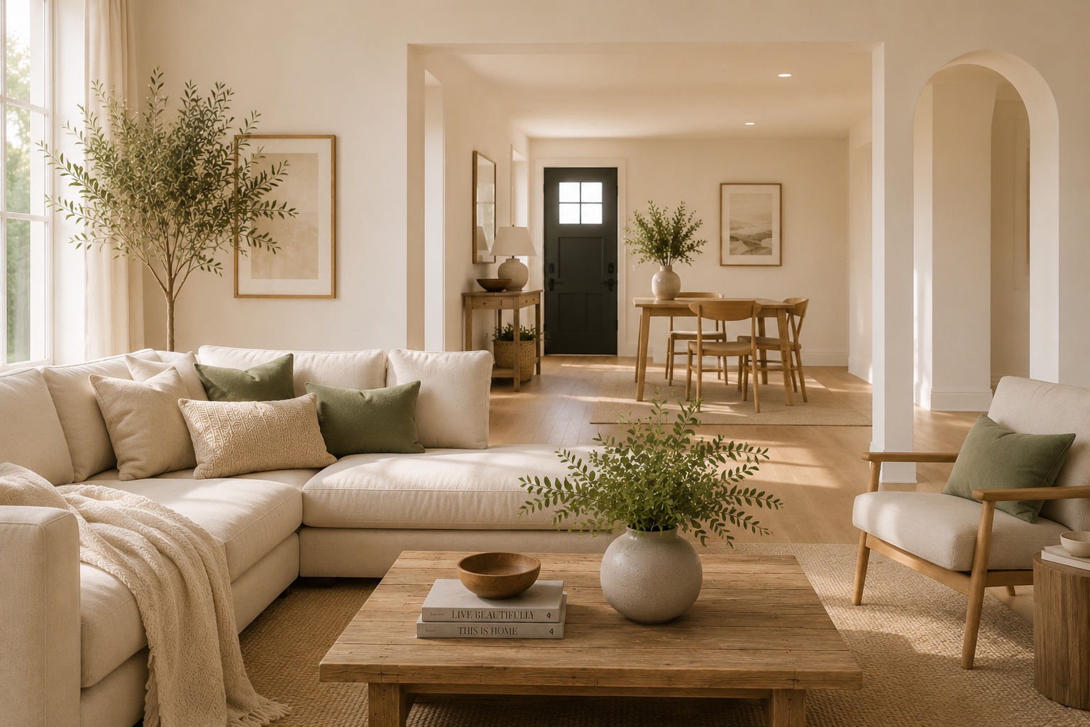 A calm, sunlit living room in soft creams and sage green, looking toward the front entry