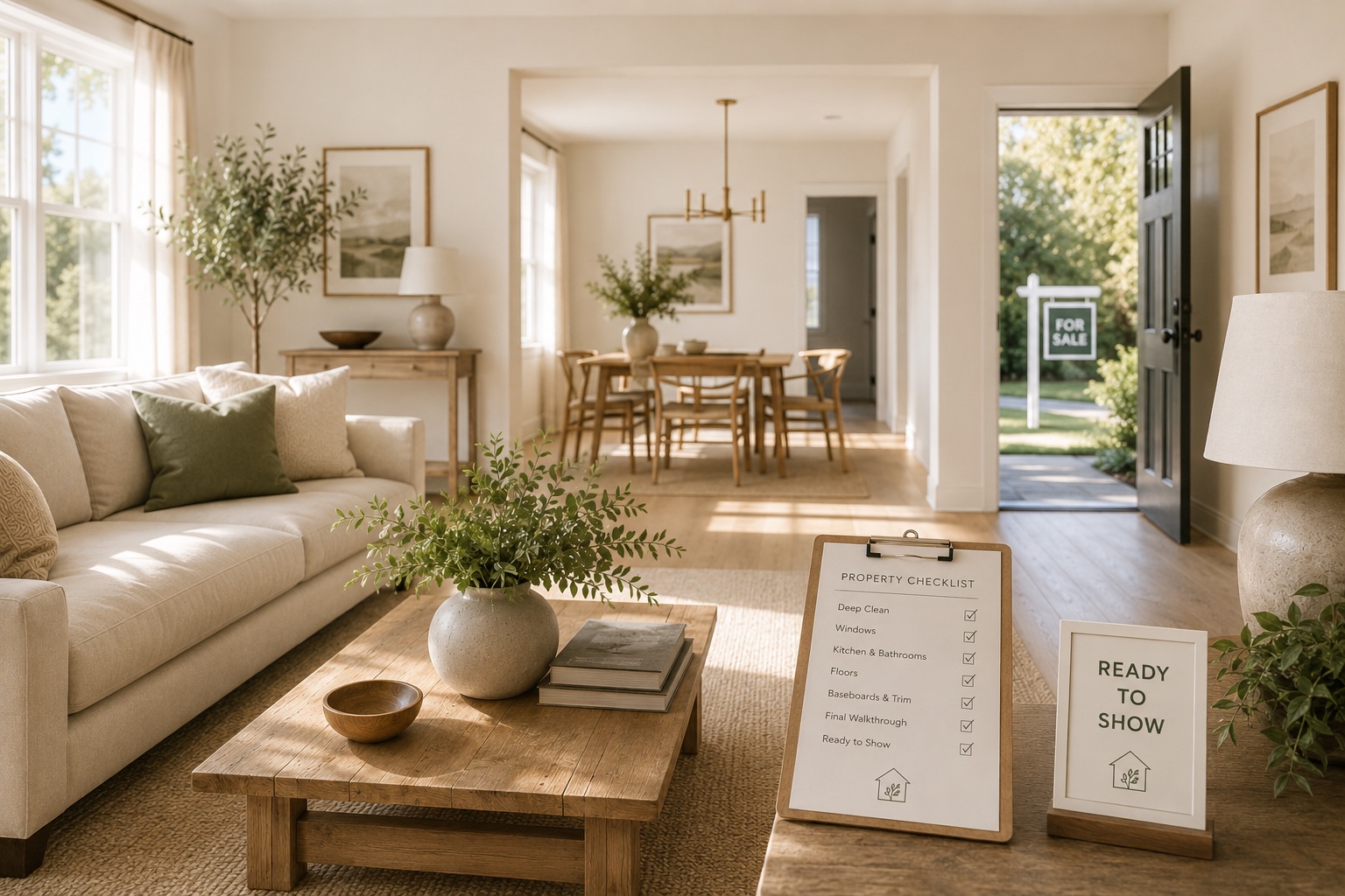 A staged, sunlit living room ready to show, with a property checklist and a For Sale sign outside the open front door